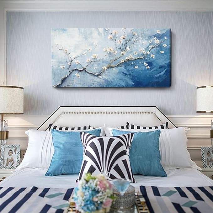 Nicetop Large Wall Art for Living Room– Blue and white Floral Canvas Art Print, Plum Blossom Flower Branch Picture Tree of Life Artwork for Modern Coastal Calming Bedroom Office Wall Decor, 48x24 Inch