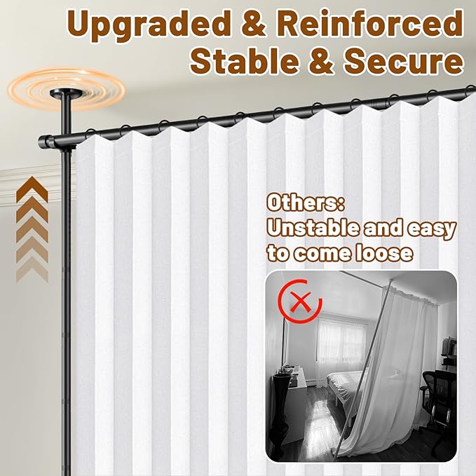 AJAZZ Privacy Curtains for Room Divider with Blackout & Soundproof (White, W100 x L96 in, 1 Panel)+ No Drill Curtain Rod(H) 43-120×(W) 35-100 in, Wall Divider for Bedroom/Studio/Office Curtain