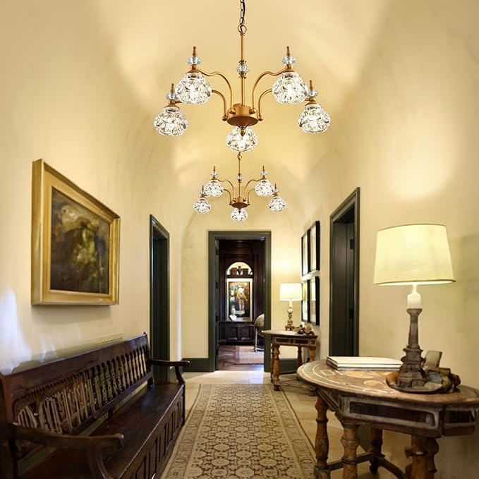 5-Light Vintage Gold Crystal Chandeliers for Dining Room, Antique Victorian Chandelier, Rustic Kitchen Island Light Fixtures, Modern Farmhouse Hanging Pendant Lights for Living Room, Bedroom, Foyer