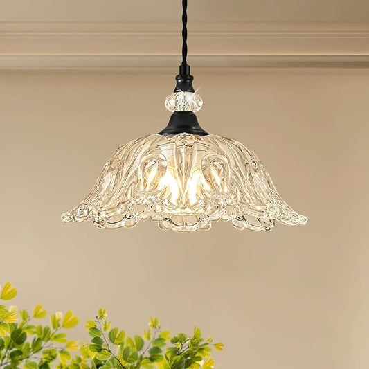 1 Piece Black Chandelier Light Fixtures with Glass Shade, Black Farmhouse Pendant Light,Hanging Light for Kitchen Island Room,Hallway,Living Room,Bedroom