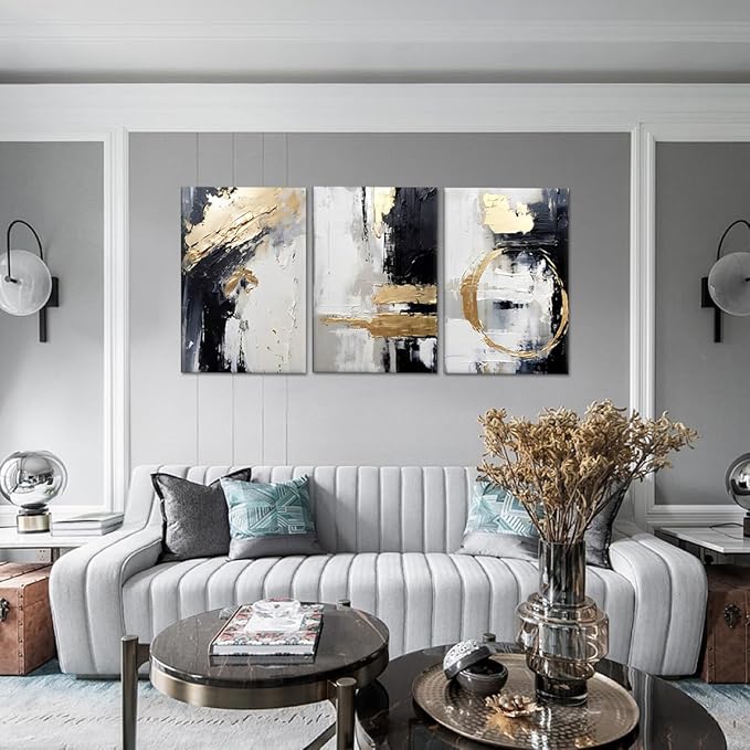 MAMAGO Large Scale Abstract Wall Art Monochrome with Gold Accents Abstract Painting Ideal for Stylish Interiors like Living Room Office Framed Ready to Hang - 20x28 inch x3pcs