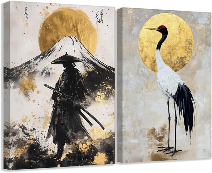 SWQYLB Japanese Wall Art 2 Piece Samurai Art Wall Decor Japanese Landscape Pictures Canvas Prints Asian Oriental Home Decor Framed (Gold, (24"x36"x2 Pieces))