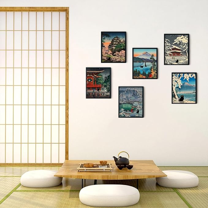 6 pcs Japanese Black Cat Wall Art Cute Japan Traditional Tsuchiya Koitsu Posters Prints Ukiyoe Japan Landscape Canvas Painting Vintage Colorful Japanese Pictures Wall Decor 12x16in Unframed