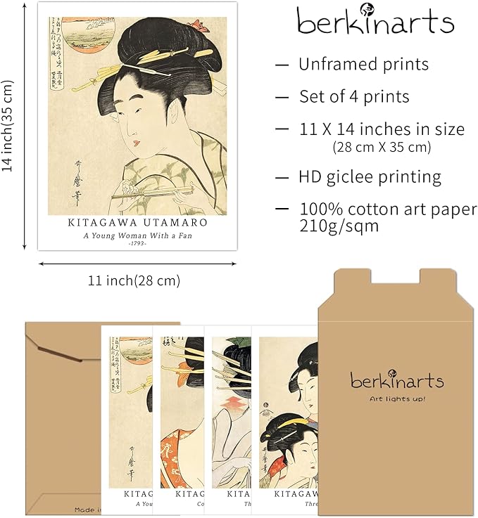 Berkin Arts Wall Art Unframed Prints Giclee Art Paper Set of 4, 11x14 inch Japanese Ukiyo-e Artwork, Office Decoration Elegant Women Portrait Illustrations Unique Gift Kitagawa Utamaro Prints