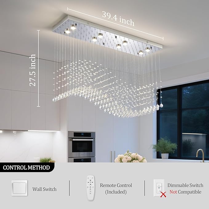 Modern Rectangle Crystal Raindrop Chandelier: 39.4" Chrome Dimmable 3 Color Led Chandeliers with Remote - Contemporary Wave Flush Mount Ceiling Light for Kitchen Island Dining Room Living Room Foyer