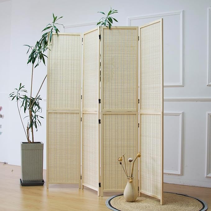 4 Panel Bamboo Room Divider and Folding Screen Divider,Two in One Detachable and Foldable Panel Divider for Room Separation,Beige,67" H x 61.4" W