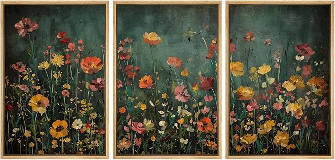 MUDECOR Framed Wall Art Print Set Vintage Wildflower Meadow with Colorful Blooms Illustrations Modern Art Boho Decorative Colorful Chic for Living Room, Bedroom, Office - 16"x24"x3 Natural