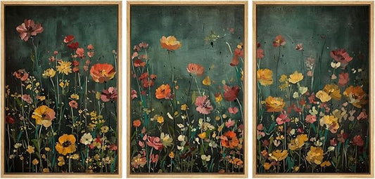 MUDECOR Framed Wall Art Print Set Vintage Wildflower Meadow with Colorful Blooms Illustrations Modern Art Boho Decorative Colorful Chic for Living Room, Bedroom, Office - 24"x36"x3 Natural