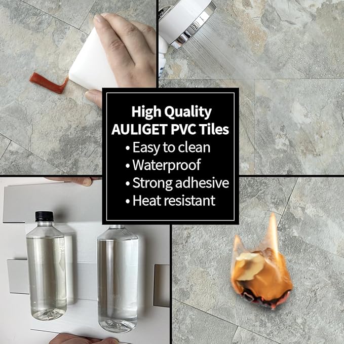 AULIGET 6" x 12" Peel and Stick Backsplash Wall Tiles, Grey & Beige Slate PVC Faux Stone Stick on Tiles for Backsplash Kitchen (Pack of 20)