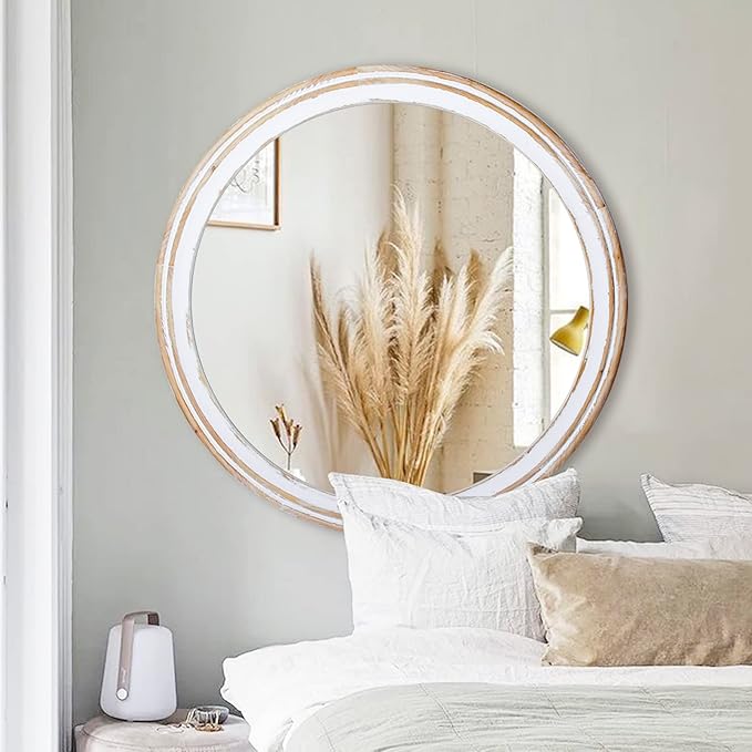 32 Inches Farmhouse Decorative Round Mirrors for Wall Decor, Rustic Distressed Wooden Circle Mirror for Bathroom Over Sink, Entryway, Living Room, Vanity