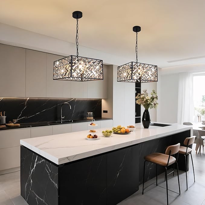 Modern Crystal Chandelier, 6-Light Black Chandeliers for Dining Room with Adjustable Chain, 51 Inch Ceiling Light Fixture for Bedroom, Foyer (Bulbs Not Included)