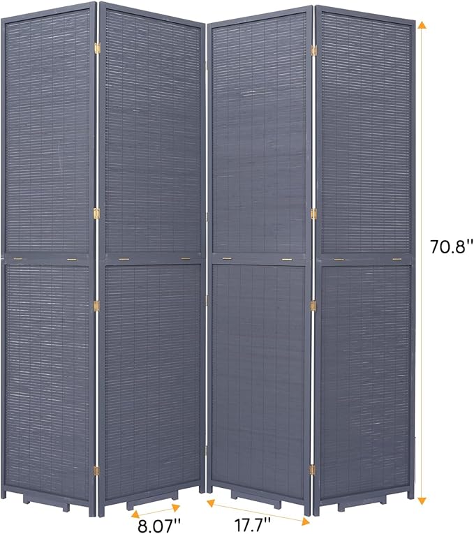 Bamboo Room Divider Folding Privacy Screens, Wall Divider for Room Separation, Portable Room Partitions and Dividers, 5.6FT Bamboo Mesh Woven Room Divider Panel (Grey, 4 Panel)
