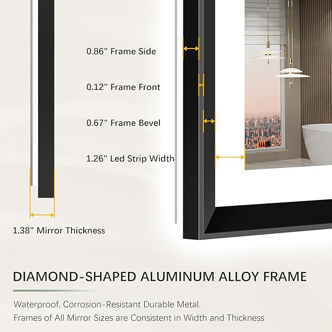 72x40 Black Framed Led Bathroom Mirror with Lights, Front Lit and Backlit, Lighted Vanity Mirror for Bathroom Wall, Anti-Fog, Dimmable, 3 Colors, Memory, HD Tempered Glass