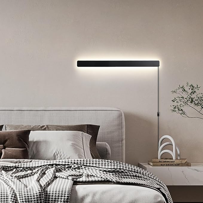 Modern Plug in Wall Sconces, 23.6 inch Frosted Black LED Long Wall Lights, 12W Warm White 3000K Acrylic Indoor Wall lamp,with 59" Plug Cable for Bedroom, Living Room, Bathroom Makeup, Hallway
