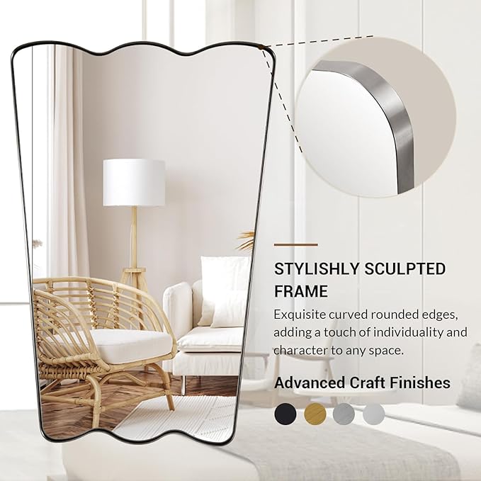 ANDY STAR 24x36 Brushed Nickel Scalloped Bathroom Mirror, Unique Irregular Wall Mirror, Rustproof Stainless Steel Wavy Metal Frame for Contemporary Bathroom Decor