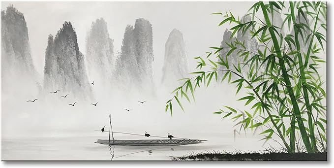 Chinese Shanshui Painting Black and White Landscape Wall Art Green Bamboo Canvas Artwork