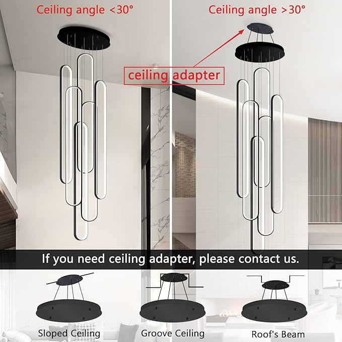 Modern High Ceiling Chandelier for Foyer Black 6 Rings Chandeliers LED Dimmable Chandelier for Living Room Staircase Villa