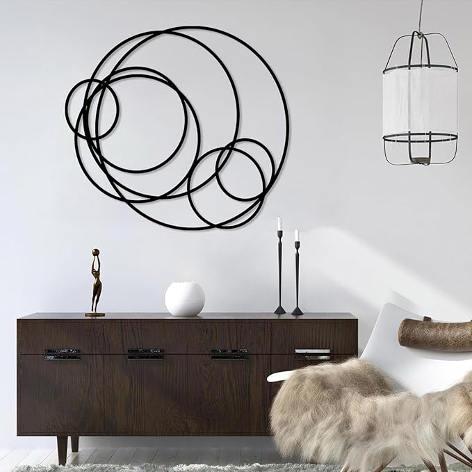 Metal Circles Wall Art, Geometric Circles Metal Wall Art, Modern Circular Wall Decor, Round Metal Wall Hanging, Minimalist Wall Decor, Abstract Metal Wall Sculpture, Wall Metal Art for Living Room (35"x39"|90x100cm, Black)