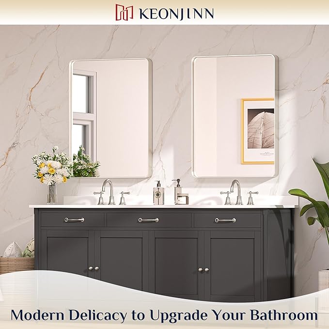 Keonjinn Brushed Nickel Mirror 24 x 32 Inch Silver Bathroom Mirror for Over Sink, Rounded Rectangle Farmhouse Vanity Mirror, HD Tempered Glass Wall Mirror, Aluminum Alloy Frame (Horizontal/Vertical)