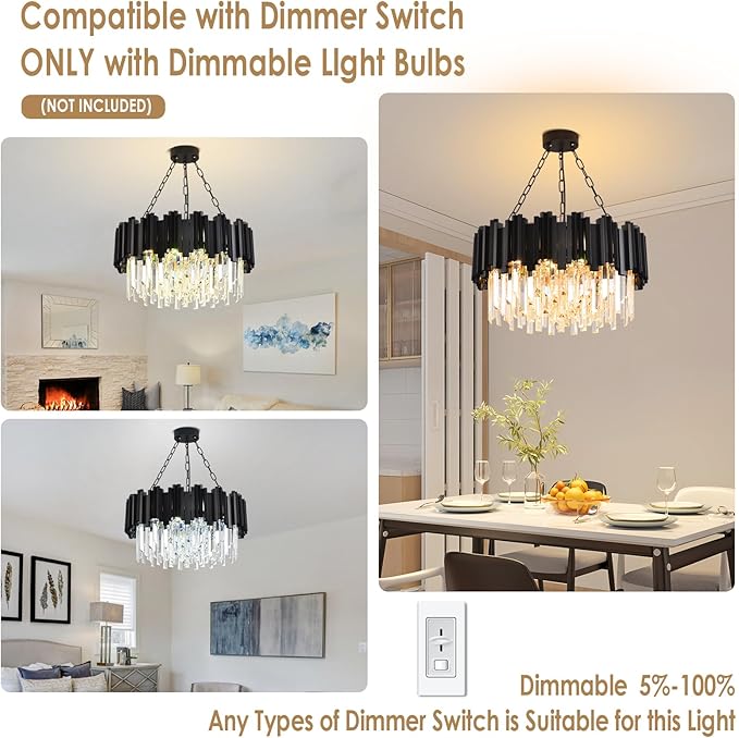 Black Crystal Chandelier Modern Crystal Chandelier for Dining Room Living Room 9-Light Round Contemporary Chandeliers Ceiling Hanging Pendant Light Fixture for Entryway Foyer Bedroom Staircase W22"