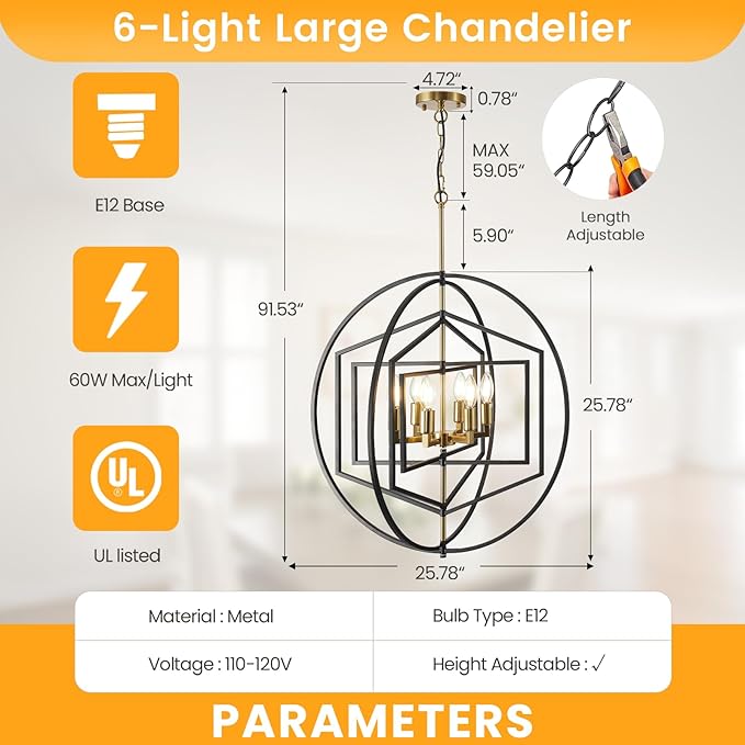 26 Inch Black and Gold Chandelier, 6-Light Farmhouse Chandelier for Entryway, Industrial Foyer Lighting Fixtures, Large Chandeliers for High Ceilings, Modern Hanging Pendant Lights for Staircase