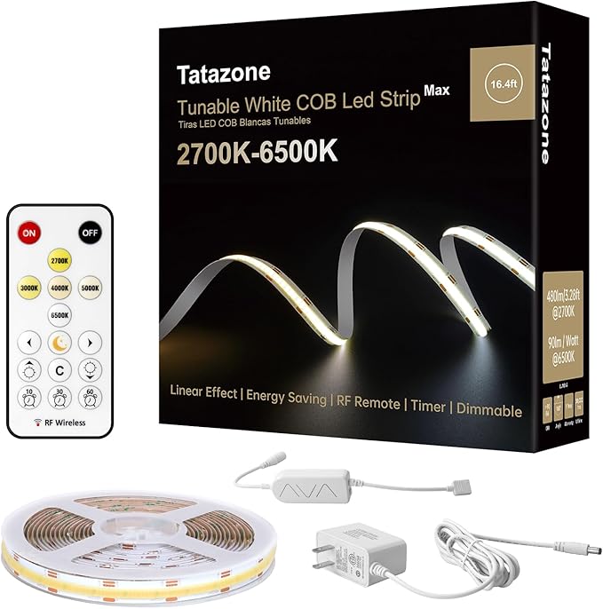 16.4ft Tunable White COB Led Strip Light with RF Remote, CRI93+ Dimmable CCT 2700K-6500K Led Tape Lights, Adhesive High Density Led COB Light Strip for Bedroom, Kitchen, Cabinet