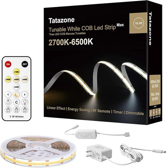 16.4ft Tunable White COB Led Strip Light with RF Remote, CRI93+ Dimmable CCT 2700K-6500K Led Tape Lights, Adhesive High Density Led COB Light Strip for Bedroom, Kitchen, Cabinet