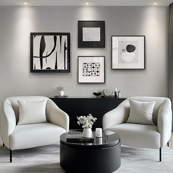 4 Piece Framed Abstract Wall Art Set, Large Modern Canvas Picture Artwork, Minimalist Contemporary Line Black and White Gray Painting Prints for Living Room, Hallway, Bedroom and Office