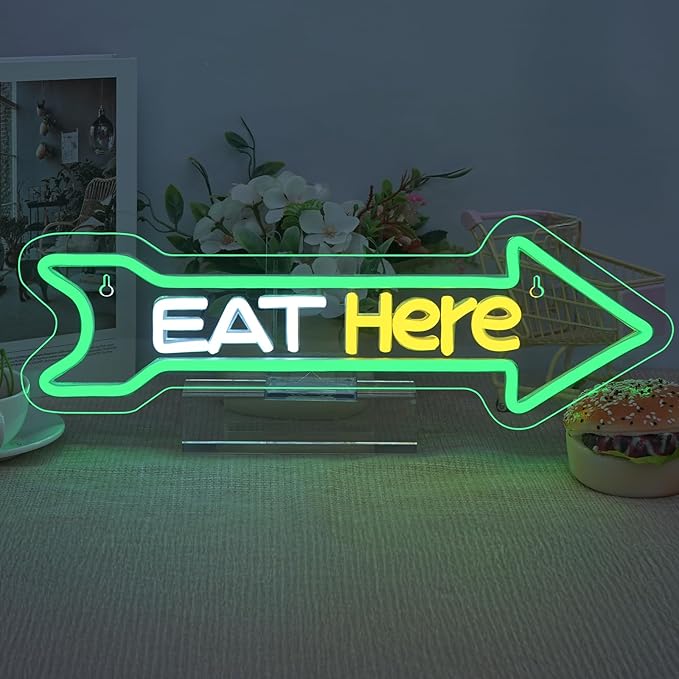 Looklight Arrow Neon Sign Eat Here Neon Lights for Wall Decor Green Led Lights for Home Kitchen Fast Food Restaurant Bar Party Cafe Coffee Diner Decor Food Truck Pizza Shop Decorations