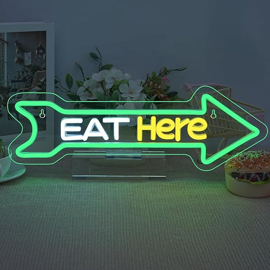 Looklight Arrow Neon Sign Eat Here Neon Lights for Wall Decor Green Led Lights for Home Kitchen Fast Food Restaurant Bar Party Cafe Coffee Diner Decor Food Truck Pizza Shop Decorations