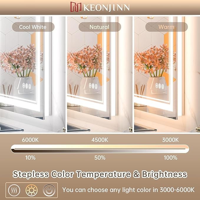 Keonjinn LED Mirror for Bathroom 20" x 28" with Frontlit and Backlit, Stepless 3 Colors Temperature & Dimmable, Double Light Strips, Tempered Glass, UL Listed LED Driver, Anti fog Frameless LED Mirror