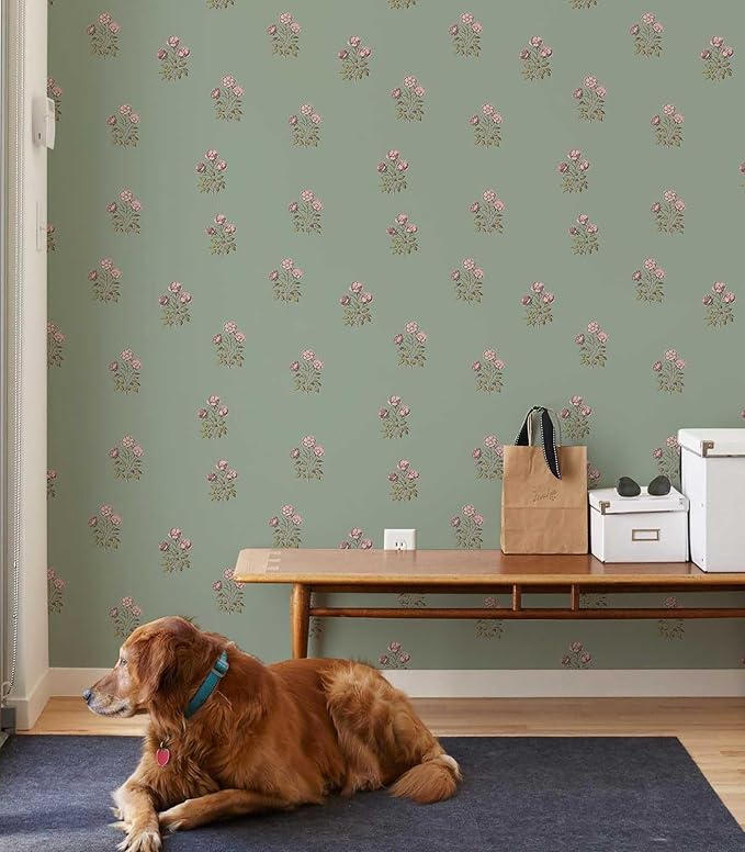 17.3'' x 393.7'' Floral Peel and Stick Wallpaper Green Floral Wall Paper Waterproof Contact Paper Removable Self Adhesive Wallpapers for Bedroom and Bathroom Wallpaper Cabinet Shelf