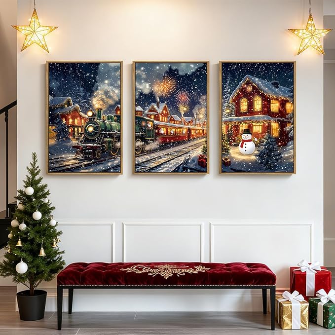 BINCUE Christmas Wall Art Winter Christmas Prints Framed Wall Painting Decor for Living Room Bedroom Dining Room 16x24 Inch Set of 3