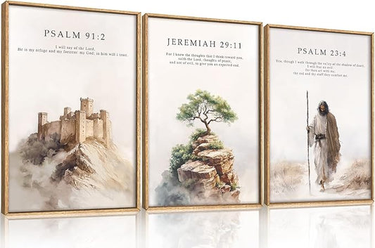 Jesus Christ Bible Verse Framed Canvas Wall Art Set,Christian Religious Faith Bible Story Wall Decor,Watercolor Easter Scripture Artwork for Church,Prayer Room,Living Room-16"x24"x3