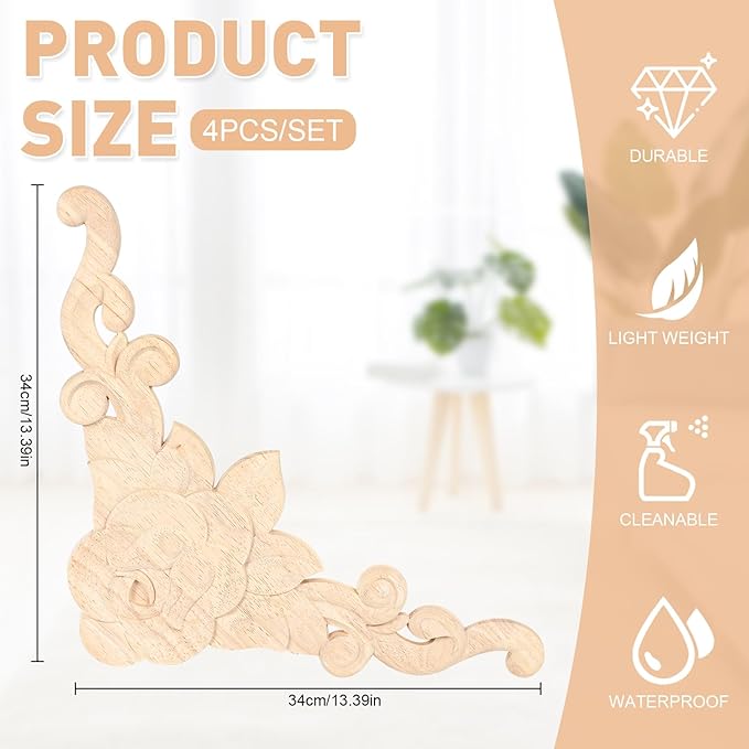 4-Pack Wood Ceiling Molding Corner Trim, 13.4"x13.4" Carved Flower Wall Panels, French Style Decorative Accent for Ceiling & Wall Décor