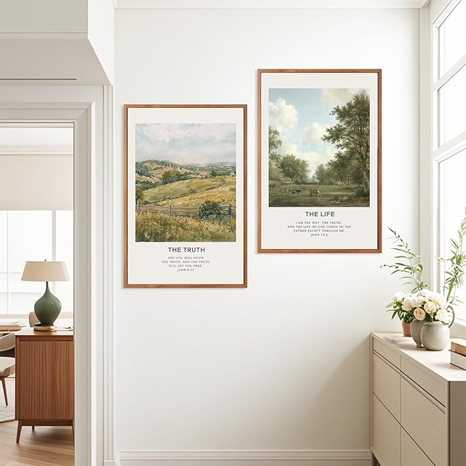 LHIUEM Christian Bible Verse Framed Canvas Wall Art,Vintage Jesus Wall Decor,Religious Scripture Landscape Painting,Natural The Way The Truth Artwork for Living Room,Bedroom,Dining Room -16"x24"x3