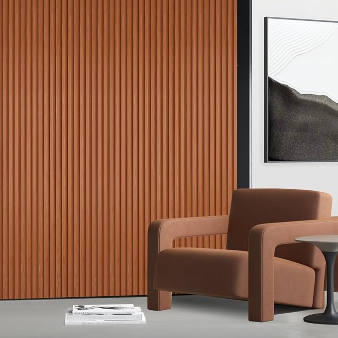 OUZUGIE WPC Acoustic Slat Wall Paneling, 8-Pack 96 x 6 Inches 3D Wall Panels for Interior Wall Decor,Living Room,TV Background,Study Room,Office Spaces,Bedroom,Low Grille (Teak)