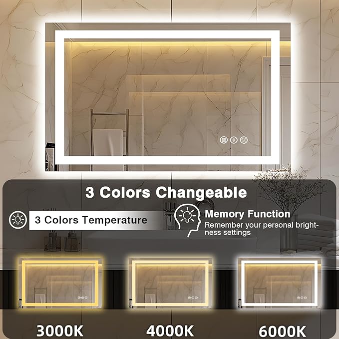 40"x24" LED Bathroom Mirror, Front and Backlit, Anti-Fog Bathroom Vanity Mirror, Stepless Dimmable Lighted, 3 Colors Smart Mirror (Horizontal/Vertical)