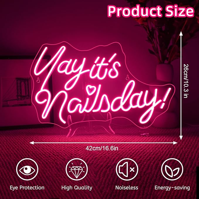 Lucunstar Yay It's Nails Day Neon Sign,Pink Led Light,USB Connectivity Led Neon Sign with Dimming Switch for Home Wall Decor,Girls Room Party Room Decor