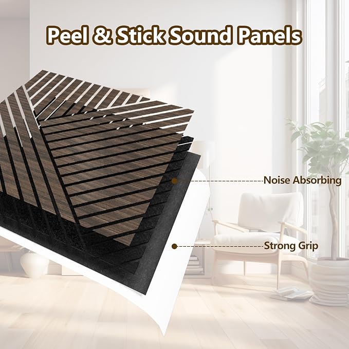 4 Packs Acoustic Wall Panels - Self-Adhesive 3D Wood Slat Wall Panel- Peel and Stick Sound Absorbing Panels for Noise Reducing - Feature Wall Decor for Home & Office