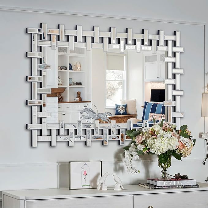 Large Decorative Wall Mirror, 40'' X 28'' Elegant Living Room Mirror with Beveled Mirrored Frame, Rectangular Accent Mirror for Entryway, Bathroom, Dining Room