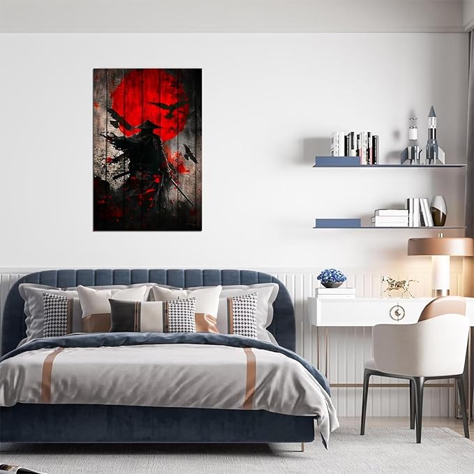 Japanese Samurai Retro Black and Red Atmosphere Asian Samurai Armor Red Moon Poster Canvas Wall Art Prints Bushido Poster Modern Home Decor Framed for Bedroom Living Room Office (28''W x 44''H)