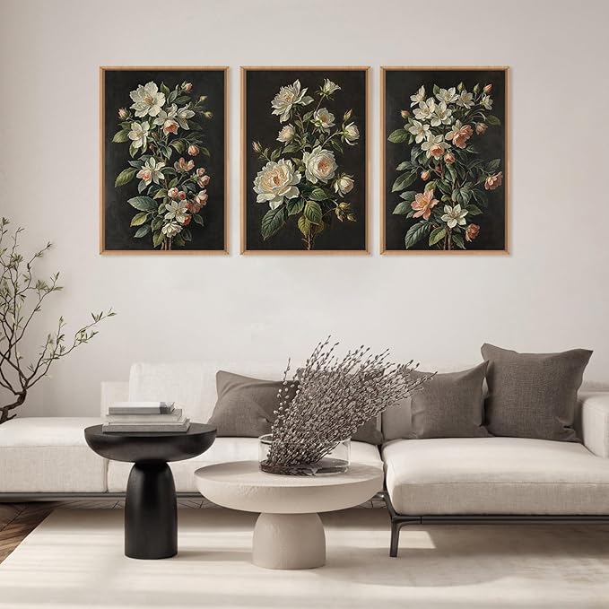 Moody Botanical Floral Framed Canvas Print Wall Art Set,Vintage Retro Dark Black Flowers Wall Decor,Nature Modern Elegant Wildflower Artwork for Living Room,Bedroom-24 x36 x3