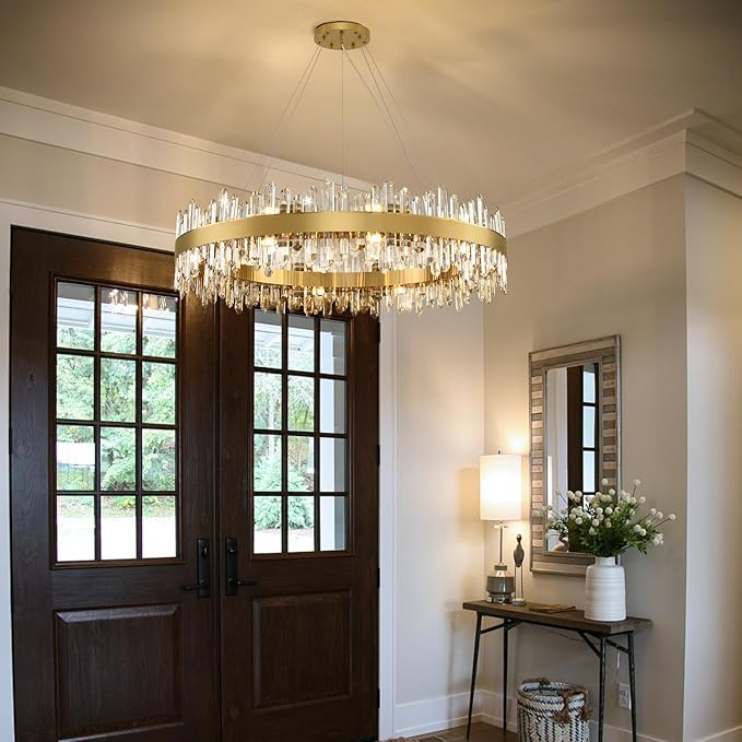 Modern Crystal Chandelier, 40" Round Gold Chandeliers for Living Room, 20-Lights 2 Tiers Luxury K9 Crystal Dining Room Chandelier Over Table, Adjustable Chandeliers for Foyer Entryway