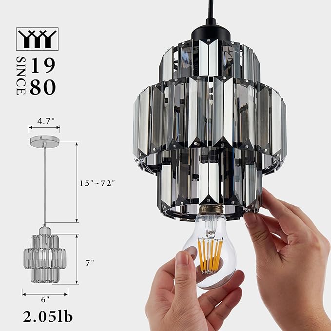 Modern Crystal Chandelier, 6"x7" Classic Crafted Pendant Light, Glass & Metal Hanging Light Innovative Small Space Use in Dining Room, Kitchen Island, Bedroom, Living Room - Midnight Fog