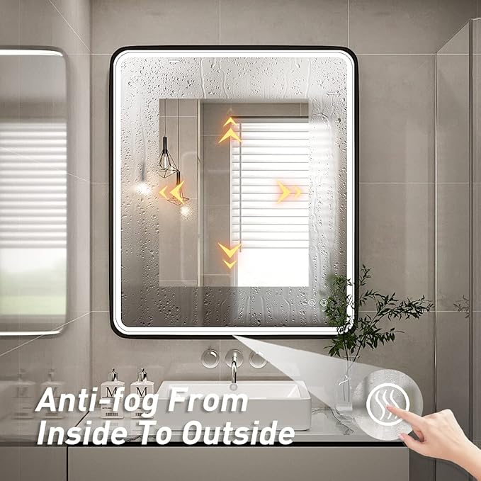 30X36 Inch LED Mirror for Bathroom,Black Metal Frame Lighted Vanity Mirror,Large Wall Mounted Makeup Mirror,6000K,Dimmable Anti-Fog