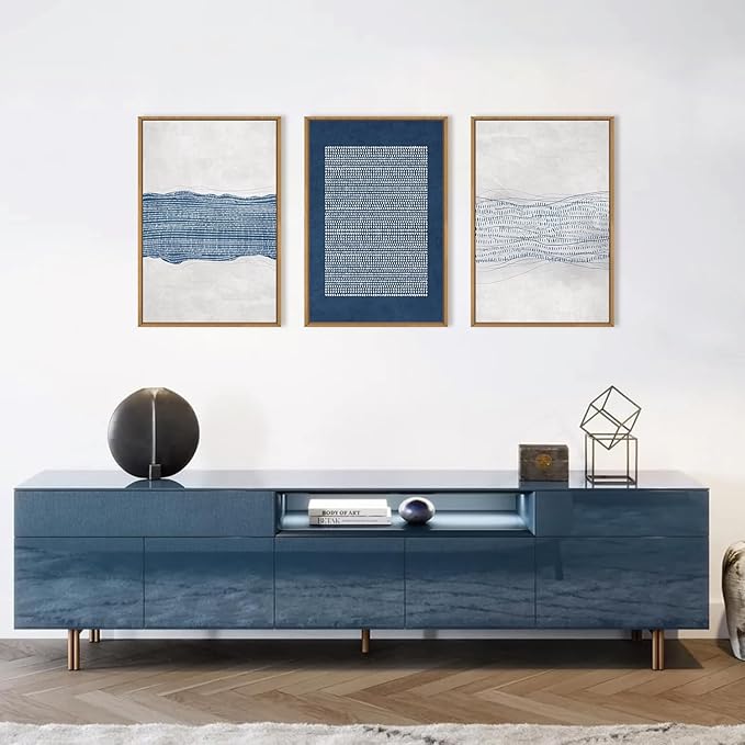 Large Abstract Navy Blue and White Framed Canvas Wall Art,Minimalist Boho Waves Lines Wall Decor,Modern Mid Century Artwork,Neutral Geometric Art Print for Living Room,Bedroom,Office- 24"x36"x3