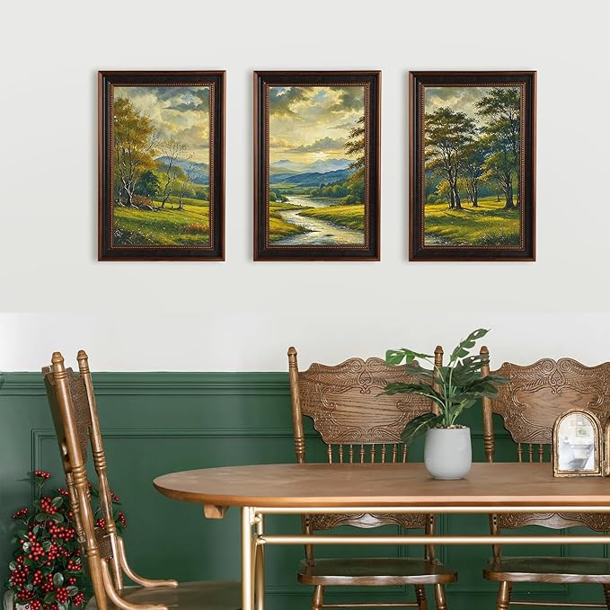 Large Watercolor Mountain Forest Framed Canvas Wall Art,Vintage River Grassland Wall Decor,Green Wilderness Field Artwork,Boho Botanical Art Print for Living Room,Bedroom,Office- 16"x24"x3