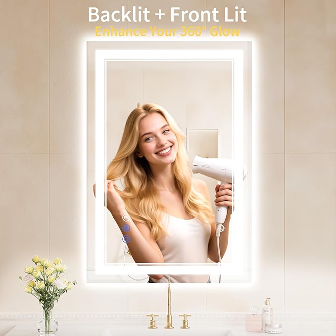 26"x38" Bathroom Mirror with Lights, Anti-Fog, Backlit + Front Lit, Dimmable, Led Vanity Mirror for Wall, Lighted Bathroom Mirror, 3 Colors, Shatter-Proof Tempered Glass