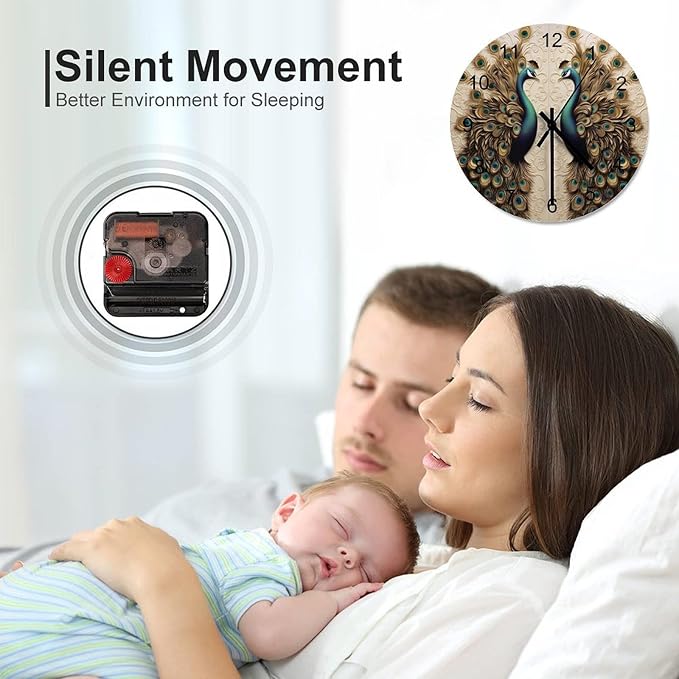 Black and Gold Peacock Bird-Themed Circular Wall Clock, Semi-Dark-Toned Peacock Room Personalized Decoration On The Grey High-End Background Wall, Wooden Silent Wall Clock 12x12INCH